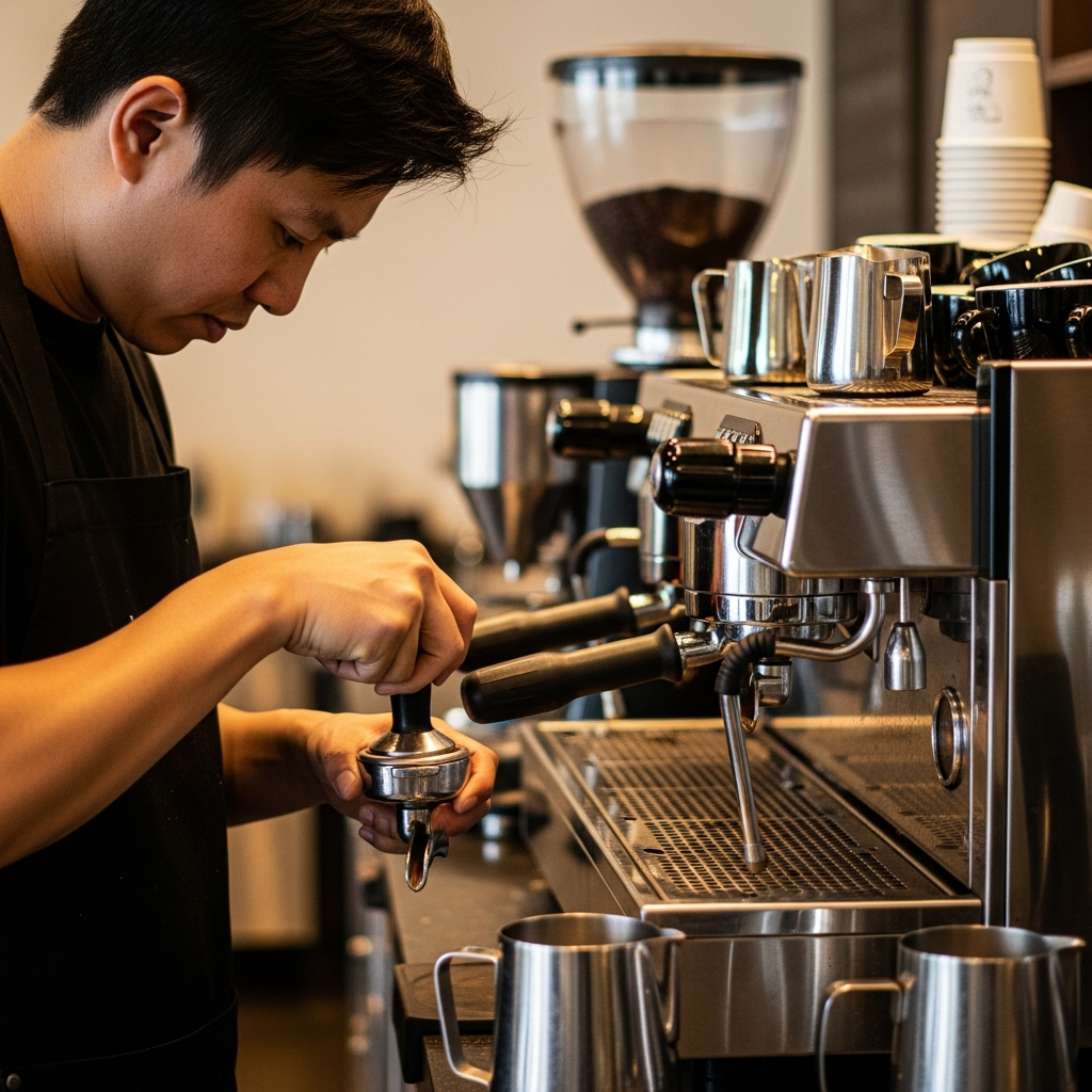 Barista připravující latté na profesionálním stroji