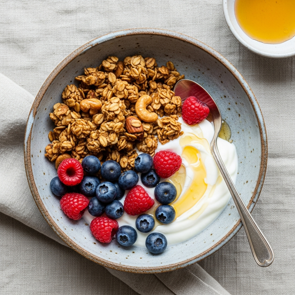 Granola s plzeňským jogurtem a čerstvým ovocem
