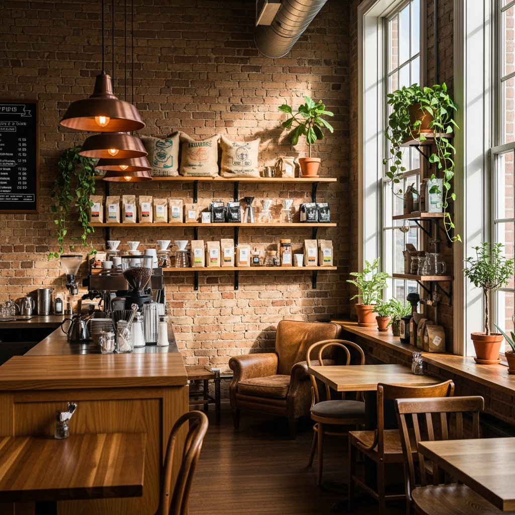 Interiér kavárny Šálek — teplá atmosféra, dřevo a cihly