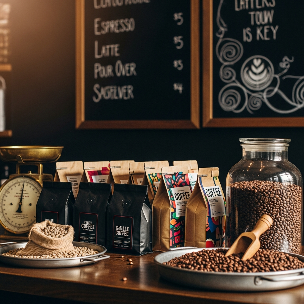 Pult kavárny s kávovými sáčky a pomůckami