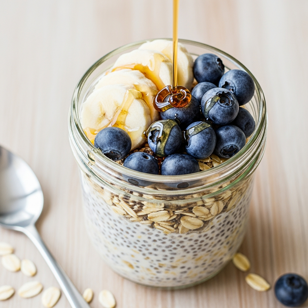 Overnight oats s chia semínky a borůvkami
