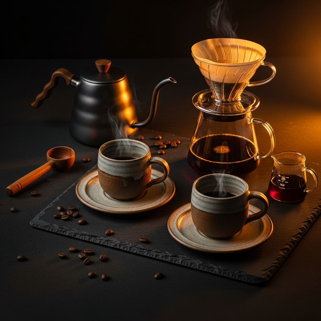 Výběr prémiového keramického nádobí a vybavení na přípravu kávy